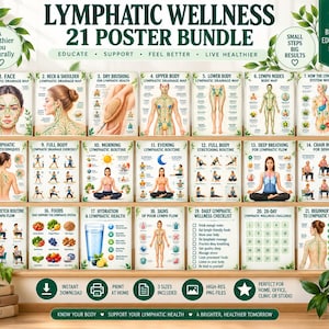 May include: A bundle of 21 educational posters titled Lymphatic Wellness, featuring diagrams of the human body, lymphatic drainage maps, massage techniques, stretching routines, food guides, and a 28-day challenge checklist with green leaf accents.