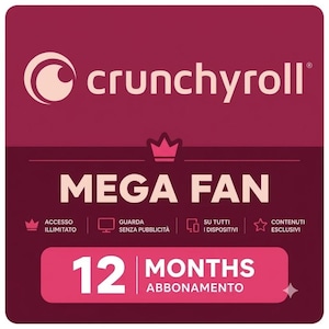 May include: A square Crunchyroll Mega Fan subscription card in shades of dark magenta and pink. The design features the Crunchyroll logo, a crown icon, and text stating 12 MONTHS ABBONAMENTO. Icons represent unlimited access, ad-free viewing, multi-device support, and exclusive content.