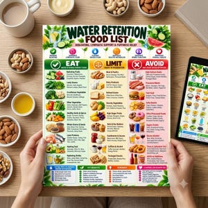 May include: A printed chart titled Water Retention Food List with three columns labeled Eat, Limit, and Avoid. The chart features illustrations of various foods, icons, and text categorized by their impact on water retention and body puffiness.