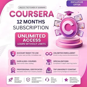 Puede incluir: Un gráfico promocional para una suscripción de 12 meses a Coursera con el texto Unlock the Power of Learning, Unlimited Access y Learn Without Limits. Muestra un logotipo 3D rosa, un birrete de graduación y certificados con iconos.
