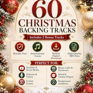 May include: A digital product graphic titled 60 Christmas Backing Tracks, featuring red and gold ornaments, pine branches, and snow. It lists features like royalty-free, instrumental tracks, instant download, and high-quality MP3 files by Auhzio.