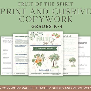 May include: A collection of educational copywork pages titled Fruit of the Spirit Print and Cursive Copywork Grades K-4. The pages feature watercolor illustrations of fruit trees, oranges, and leaves, with text including Galatians 5:22-23.