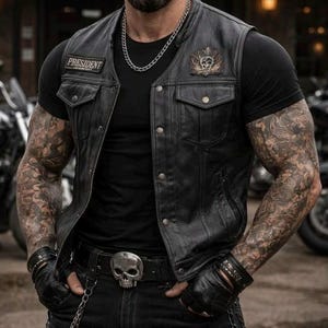 Men's Black Leather Biker Vest | President & Skull Patches, Rugged Motorcycle Style