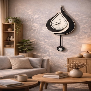May include: A wall-mounted clock shaped like a black and white teardrop with a central circular face featuring black numerals and hands. A long, thin black pendulum with a circular weight hangs from the bottom of the teardrop-shaped clock frame.