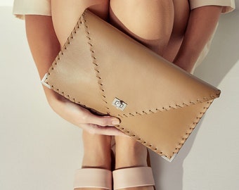 Sand Beige Leather Clutch Bag: Symmetria Envelope Style