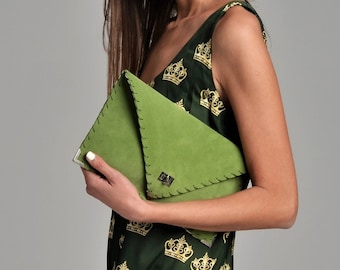 Green leather clutch, Wasabi Soft Symmetria Clutch, Leather suede green hanbag, Green leather purse, Leather envelope clutch, Evening bag