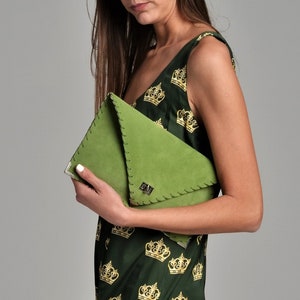 Wasabi Green Suede Leather Clutch: Handmade Envelope Evening Bag