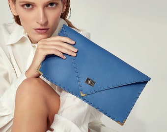 Symmetria Blue Leather Clutch Bag: Italian Cowhide, Evening Bag