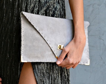 Soft Symmetria clutch in light gray, Gray suede clutch bag, Gray laptop case, Gray leather bag, Gray large handbag, Gray envelope bag