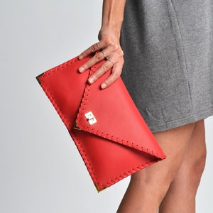 Red leather Symmetria clutch bag, Red leather handbag, Red leather purse, Red envelope clutch, Leather evening bag, Red formal bag