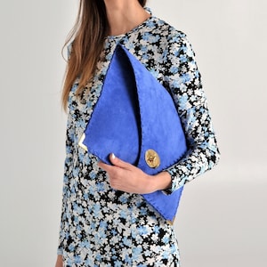 Clutch Soft Symmetria / Clutch de couro camurça azul / Clutch grande / Bolsa de noite azul / Clutch envelope azul / Bolsa para laptop em camurça 15"