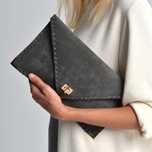 Soft suede Symmetria clutchin dark gray, Gray leather clutch, Suede handbag, Envelope clutch bag, Formal leather bag, Leather evening purse