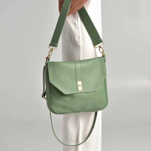 Iokaste leather messenger bag, Pistachio green messenger bag, Green everyday bag, Green leather shoulder bag, Green crossbody bag, Women bag