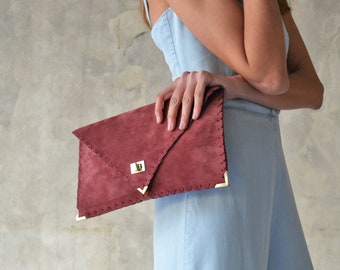 Soft Symmetria Clutch / Rosewood leather clutch / Large clutch / Bordeaux suede handbag / Envelope clutch / Laptop case 15" / Burgundy bag