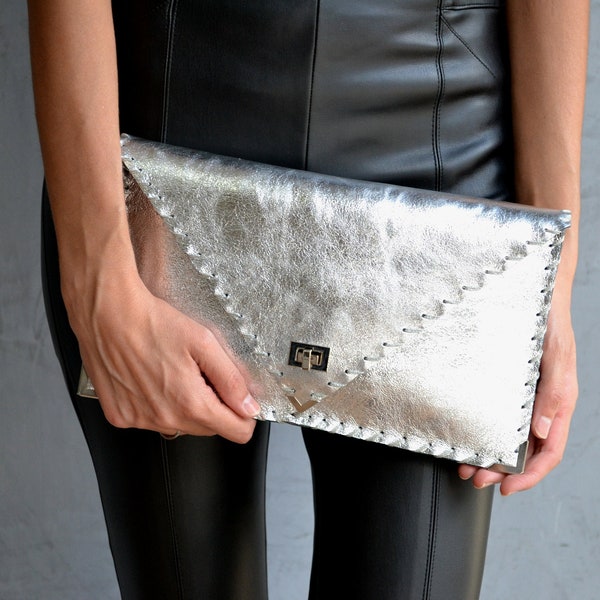 Silver leather clutch bag, Silver Symmetria Clutch, Silver leather purse, Leather envelope clutch, Leather evening bag, Silver women bag