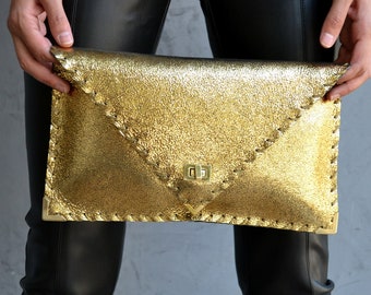 Gold leather clutch bag, Vintage Gold Symmetria Clutch, Gold leather purse, Leather envelope clutch, Leather evening bag, Gold women bag