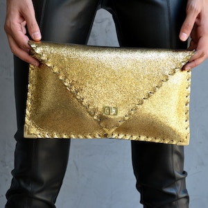 Gold leather clutch bag, Vintage Gold Symmetria Clutch, Gold leather purse, Leather envelope clutch, Leather evening bag, Gold women bag