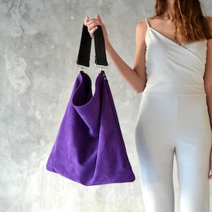 Akathi purple bag, Purple leather shopper bag, Purple large leather tote, Purple handbag, Huge leather bag, Purple hobo bag, Shoulder bag