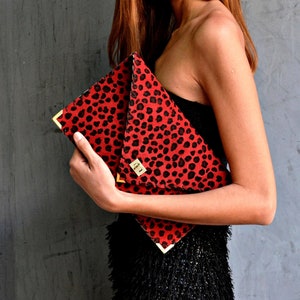 Red Leopard Suede Clutch: Handmade Italian Leather Evening Bag