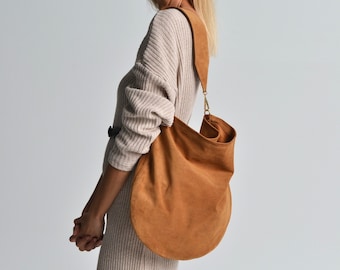 Sac marron caramel en daim Anna, sac en cuir suédé caramel, grand sac à bandoulière caramel, sac à main en daim caramel, grand sac en cuir, sac fourre-tout marron