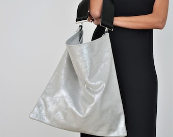 Akathi sparkling silver bag, Silver leather hobo bag, Silver large shoulder bag, Silver handbag, Big leather bag, Shopper bag, Tote bag