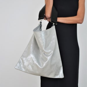 Akathi sparkling silver bag, Silver leather hobo bag, Silver large shoulder bag, Silver handbag, Big leather bag, Shopper bag, Tote bag image 1