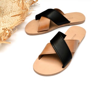 Women leather sandals, Greek sandals, Melia sandals, Crossover sandals, Leather slides, Black - camel sandals, Snake sandals, Black slides