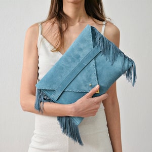 Jeans Medusa Clutch, Blue fringes leather clutch, Blue leather bag, Leather envelope clutch purse, Fringes leather bag, Blue suede clutch