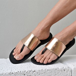 Elli rose gold sandals, Women rose gold leather sandals, Greek sandals, Leather thong sandals,  Metallic sandals, Rose gold leather slides