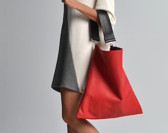 Akathi red leather bag, Red leather shopper bag, Red large tote, Red handbag, Red large hobo bag, Red shoulder bag