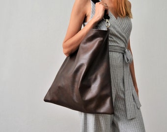 Dark Brown Leather Hobo Bag: Italian Cow Leather Large Tote