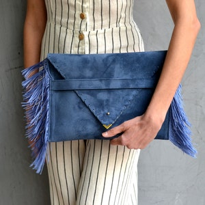 Medusa Clutch, Raf blue fringes leather clutch, Blue leather bag, Leather envelope clutch purse, Leather evening bag, Suede clutch