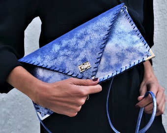 Blue Sparkling Leather Clutch: Handmade Envelope Purse with Strap