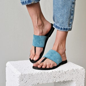 Elli blue jeans sandals, Women blue leather sandals, Greek sandals, Leather thong sandals, Flat sandals, Blue leather slides, Blue gladiator