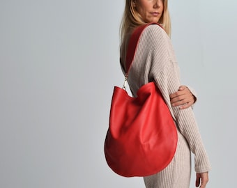 Red Leather Hobo Bag: Italian Cow Leather Shoulder Tote