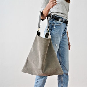 Akathi gray bag, Gray leather shopper bag, Gray large leather tote, Gray handbag, Huge leather bag, Large hobo bag, Shoulder bag,