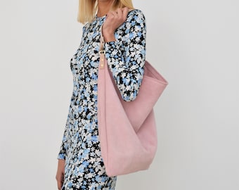 Pink Suede Hobo Bag: Large Italian Leather Shopper