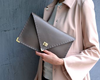 Gray Leather clutch / Gray leather bag / Gray leather purse / Leather evening bag / Envelope clutch