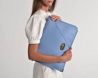 Jeans Blue Leather Clutch Bag: Symmetria Envelope Style