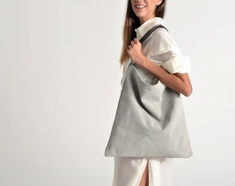 Akathi soft bag inlight gray, Gray leather shopper bag, Light gray large tote, Gray handbag, Huge leather bag, Large hobo bag, Shoulder bag