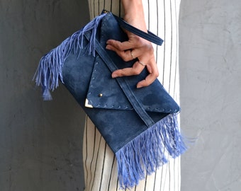 Blue Suede Fringe Clutch: Handmade Leather Wristlet Evening Bag