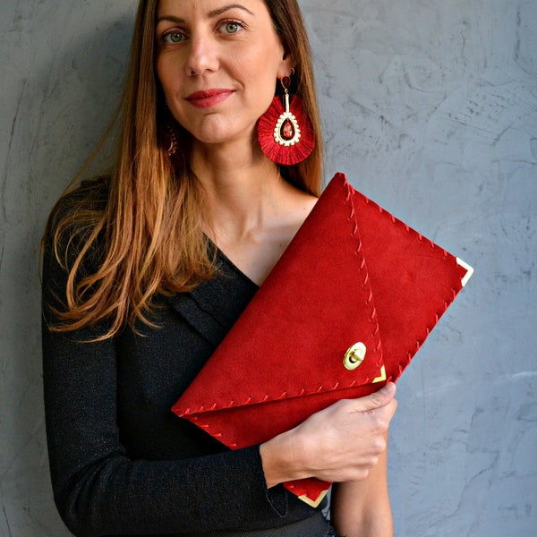 Red suede leather clutch purse, Red leather bag, Leather envelope clutch, Red large clutch bag, Red leather handbag, Leather evening bag