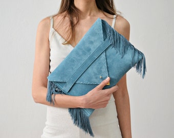 Jeans Medusa Clutch, Blue fringes leather clutch, Blue leather bag, Leather envelope clutch purse, Fringes leather bag, Blue suede clutch