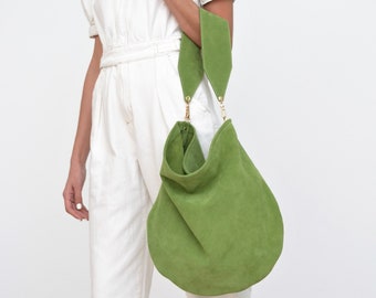 Anna soft greenhobo bag, Green suede leather bag, Green large shoulder bag, Green suede handbag, Big leather bag, Shopper bag, Tote bag