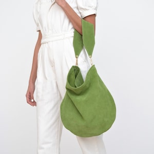 Anna soft greenhobo bag, Green suede leather bag, Green large shoulder bag, Green suede handbag, Big leather bag, Shopper bag, Tote bag