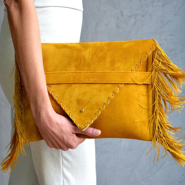 Medusa Clutch, Mustard fringes leather clutch, Mustard gold leather bag, Leather envelope clutch purse, Fringes leather bag, Suede clutch