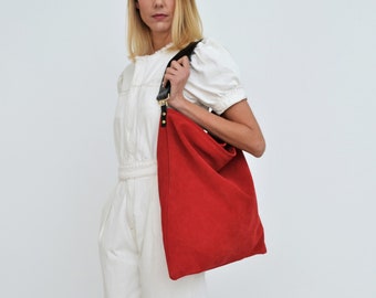 Red Suede Leather Hobo Bag: Large Handmade Shoulder Bag