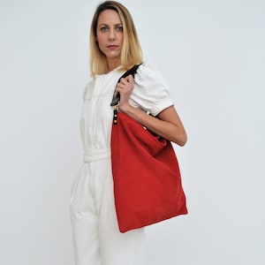 Akathi bag, Red suede leather hobo bag, Red suede shoulder bag, Red large handbag, Red shopper bag, Large hobo bag, Everyday bag
