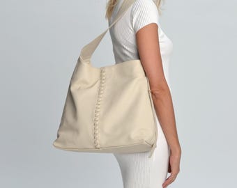 Alea Leather Shoulder Bag: Beige Large Handwoven Tote