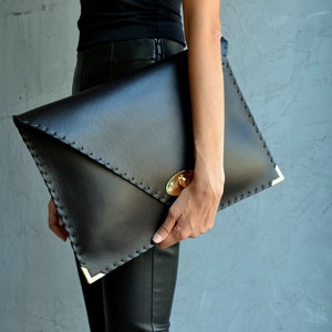 Black leather clutch bag, Black Symmetria clutch, Leather laptop case, Black oversized bag / Women business bag / Black Leather file folder